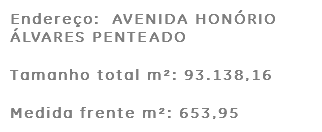 Endereço: AVENIDA HONÓRIO ÁLVARES PENTEADO Tamanho total m²: 93.138,16 Medida frente m²: 653,95